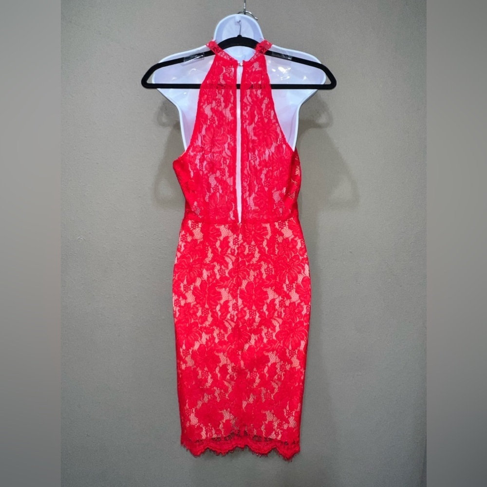 Sans Souci Red Lace Sleeveless Halter Open Back Fully Lined Dress - Picture 2 of 11